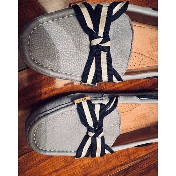 Lauren Ralph Lauren Becka Preppy Lilac-Gray Leather Loafers Blue-White Bow 7.5B - Picture 4 of 9